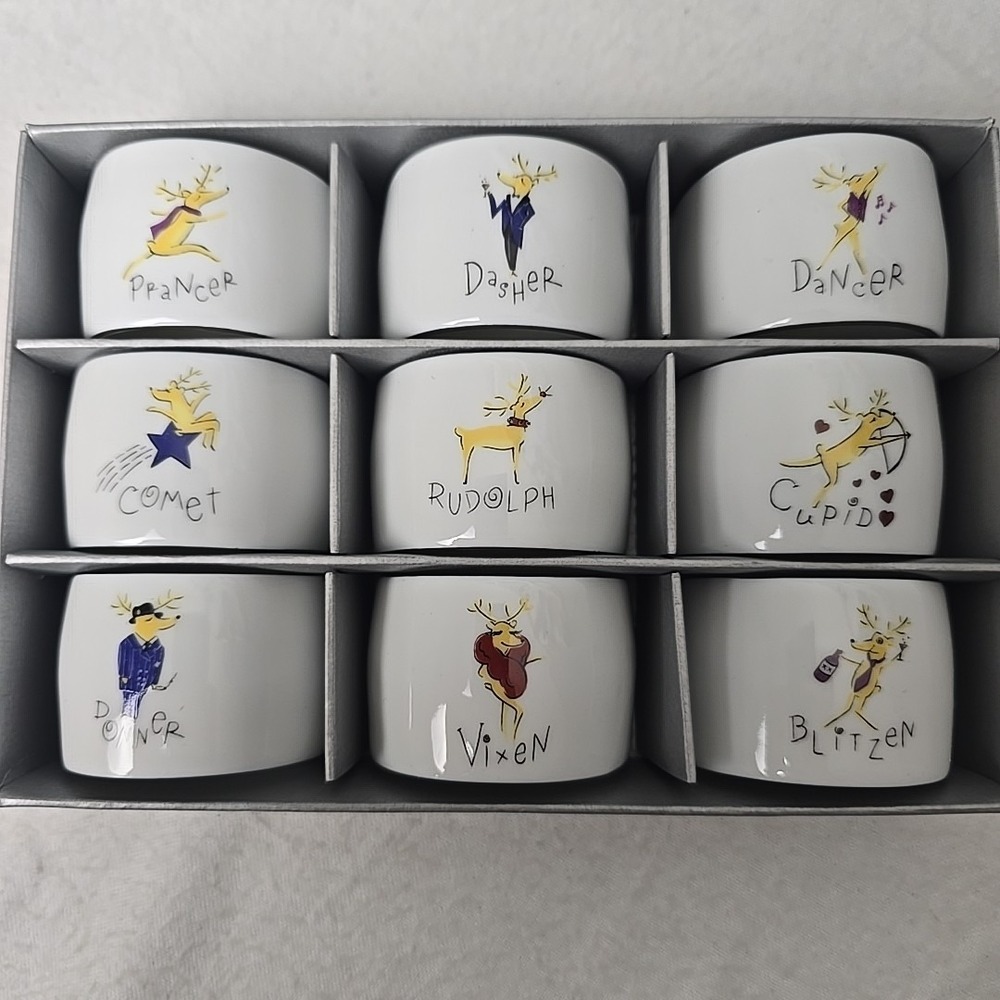 VTG Pottery Barn Reindeer Christmas Napkin Rings‎ Set of 9 Made in Japan